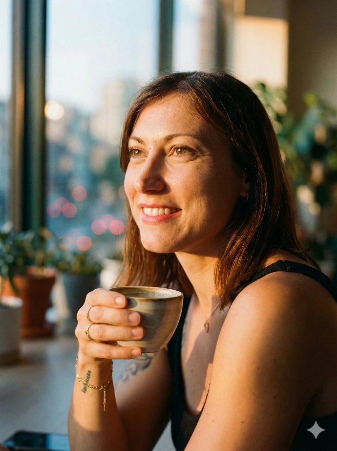 tiffany blaesius souriante un café à la main