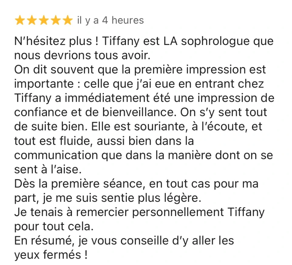 avis google 5 étoiles sur les séances de sophrologie et de coaching en nutrition de tiffany blaesius